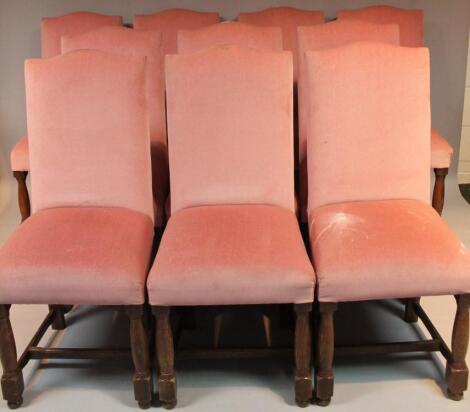 A set of ten mid-20thC oak framed open dining chairs