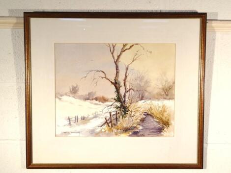 C Stanley Desborough (20thC). Tree in winter aside stream