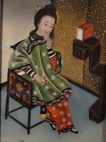 19thC Chinese School. Girl with pipe on chair