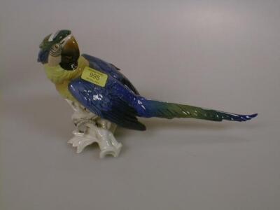 A German porcelain figure of a parrot seated on a branch marked