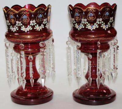 A pair of Victorian ruby glass lustres