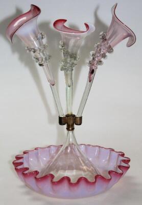 A late 19thC vaseline pink and clear glass epergne