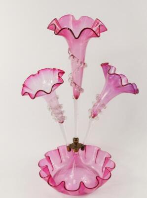 A Victorian cranberry glass epergne