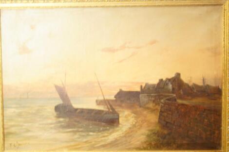 F C Jamieson. A coastal scene with cottages and sailing ships at sunset