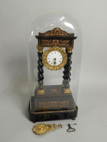 A mid 19thC French ebonised French and marquetry portico type clock