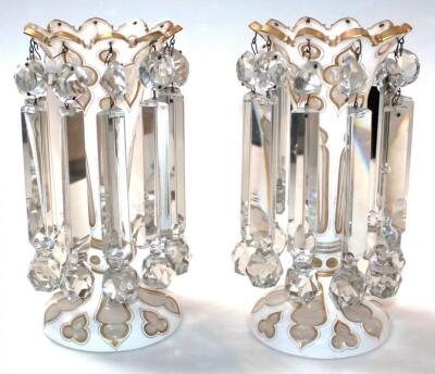 A pair of 19thC Bohemian clear and milk glass lustres