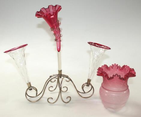 An early 20thC cranberry red and clear glass epergne