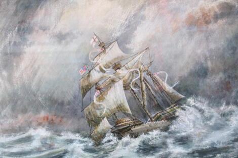 In the manner of Henry Scott Tuke. Masted ship on stormy seas