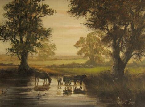 *Robert Ixer (20thC). Figure driving cattle in a stream before trees