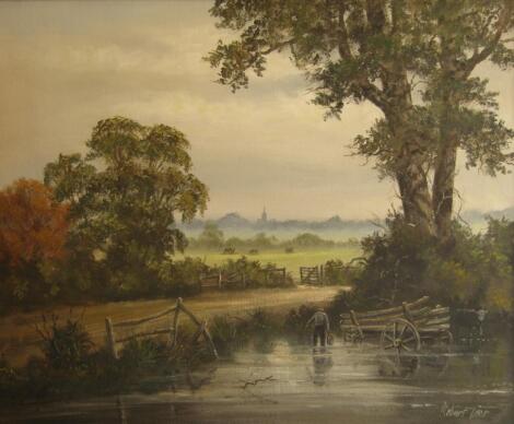 Robert Ixer (20thC). Figure and cart in a stream before path and gateway with spire in the distance