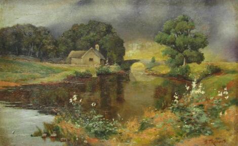 S T Roberts (19thC). Stream before cottage and bridge with clouds gathering