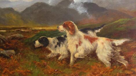 Robert Cleminson (1864-1903). Gun dogs on a moor before mountains with clouds gathering