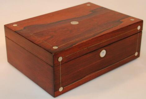 A 19thC rosewood and mother of pearl inlaid sewing box