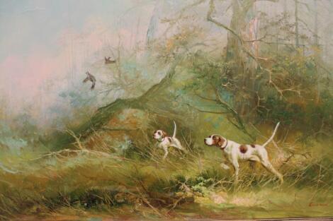 Kingman (20thC school). Hounds and pheasants in a forest clearing