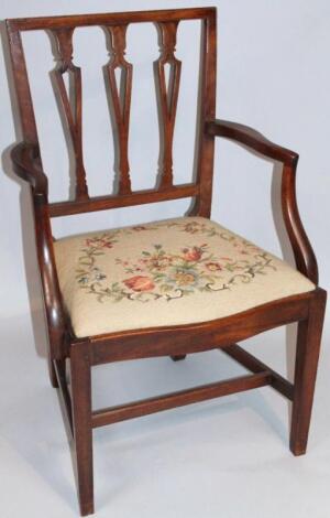 A 19thC mahogany Sheraton style carver chair