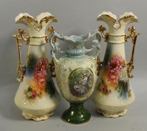 Three early 20thC Staffordshire pottery vases