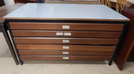 A Retro style melomine ebonised metal and mahogany seven drawer plan chest