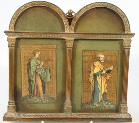 20thC Continental School. Joannes and Petrus polychrome metal plaques in single double dome frames