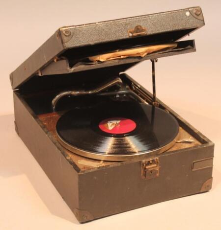 A mid-20thC HMV pressed leather tabletop gramophone