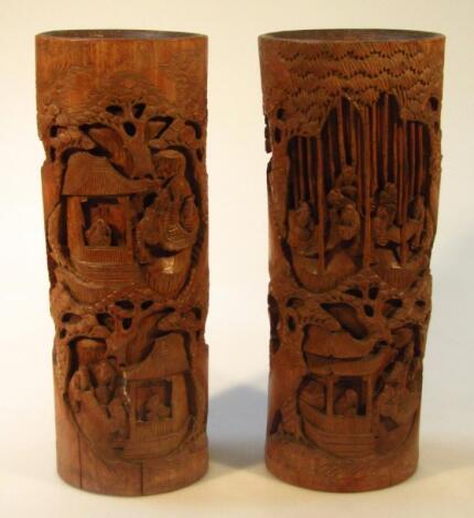 A pair of Chinese late Qing period bamboo brush pots