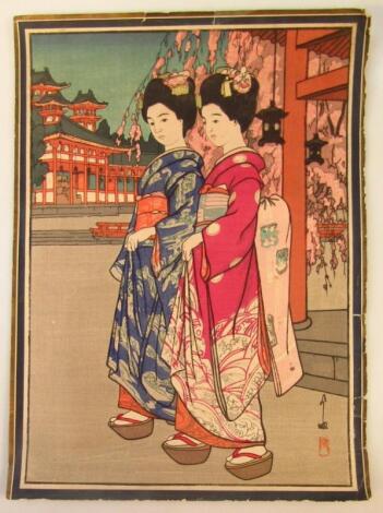 19thC Japanese School. Geisha girls before buildings