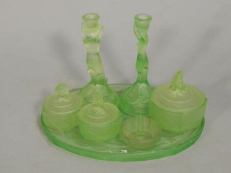 A German August Walther & Sohne Uranium glass dressing table set