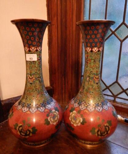 A pair of 20thC cloisonne bottle vases