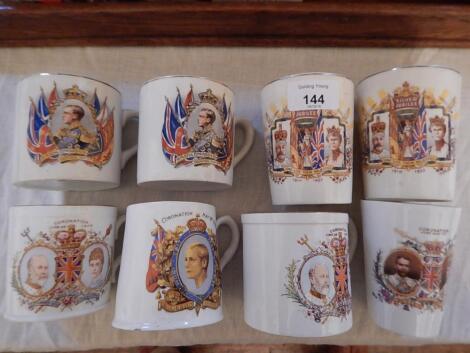 A small collection of royal commemorative pottery and porcelain mugs and beakers. (8)