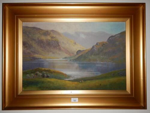 20thC English School. Lakeland scene with misty hills and sheep in the foreground