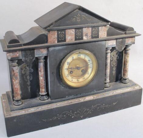 A late 19thC slate and marble architectural design mantel clock