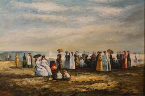 20thC School. Victorian dressed figures on a beach on a summers day