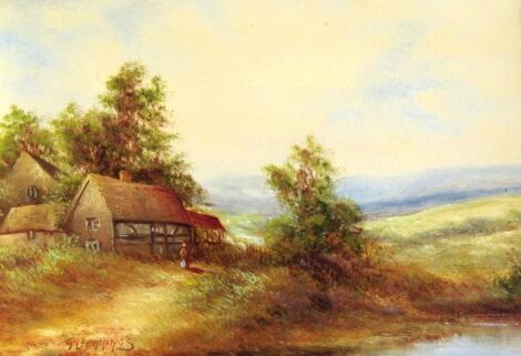 G Jennings (19thC School). Figure before cottage and trees with mountains in the distance on a summe