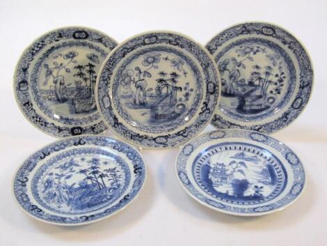 Five various Chinese blue and white export saucers