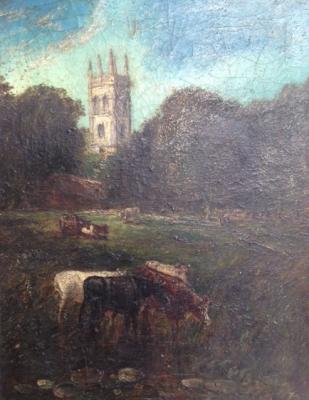 Constable. Landscape with cattle and church