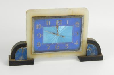 An Art Deco marble and slate and guilloche blue enamel mantel clock