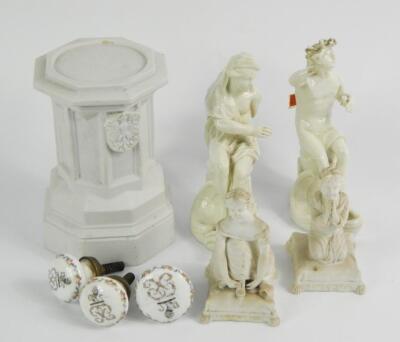 A pair of late 18thC Tournai white glazed porcelain figures