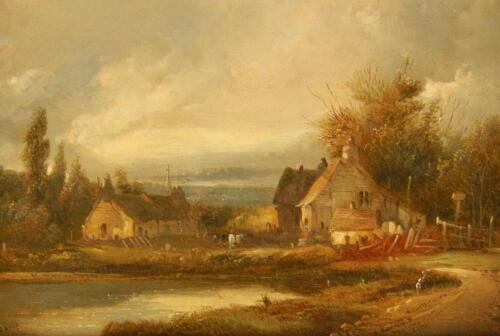 Alfred H. Vickers (1853-1907). Country landscape with farm buildings and figures