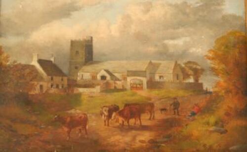 19thC British School. Church landscape with cattle