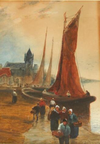 Frederick William Scarborough (1860-1939). Fishing boats and figures in harbour