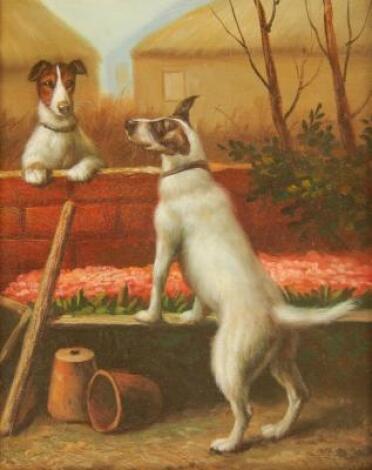 20thC School. Two dogs in garden scene