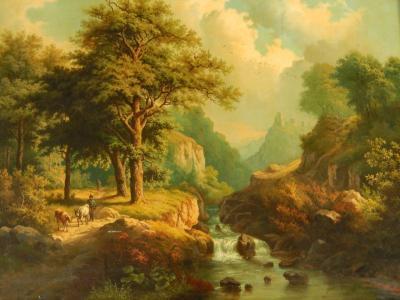 C.M. Serres (19th Century). Mountain river landscape with figures and cattle