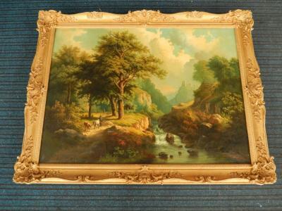 C.M. Serres (19th Century). Mountain river landscape with figures and cattle - 3