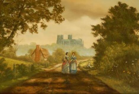 Robert Ixer (b.1941). Figures on rural track with cathedral in the background