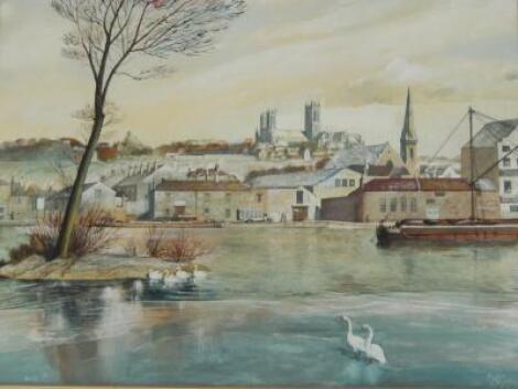 Douglas Rolf (20thC). Lincoln Cathedral from the Brayford
