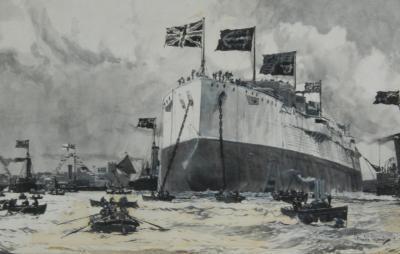 Charles Dixon (1872-1934). The launch of the Princess of Wales battleship