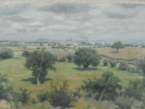 Charles Brooke Farrar (1899-?). Country landscape - with railway line and town in the background