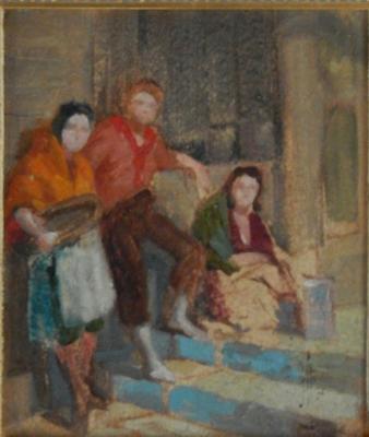 H F Shuttleworth (19th/20thC). Three figures on steps