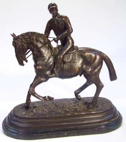 After Pierre Jules Mene. A bronze finish equestrian group of jockey and horse