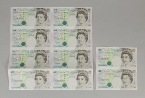 A sheet of eight uncut £5 bank notes