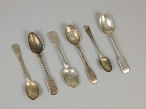 Six various 19thC silver Fiddle pattern teaspoons